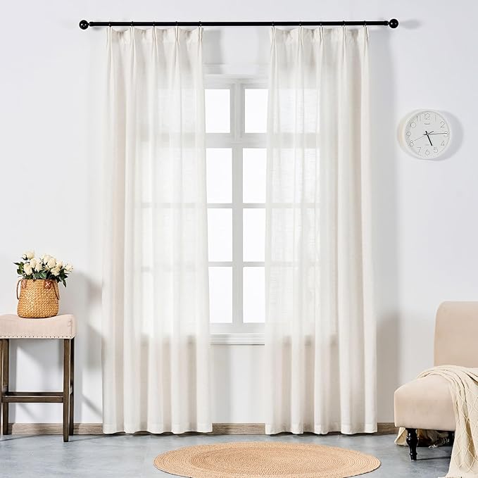 Neutral Linen Semi Sheer Curtains 102 Inch Long, Cream Textured Light Filtering Drapes for Living Room, Modern Farmhouse Window Decor, Floor to Ceiling Pinch Pleat Curtain with Hooks