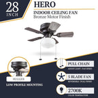 Prominence Home Hero, 28 Inch Traditional Flush Mount Indoor LED Ceiling Fan with Light, Pull Chain, Dual Finish Blades, Reversible Motor - 51655-01 (Bronze)