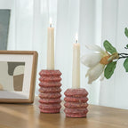 WORHE Candle Holders Italy True Natural Travertine Stone 0.4" Thick Set of 2 Marble Candlestick Holder for Christmas Wedding Dinning Party for 3/4 inch Candles Color Red (WH025)