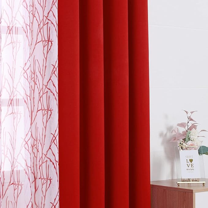 BONZER Mix and Match Curtains - 2 Pieces Branch Print Sheer Curtains and 2 Pieces Blackout Curtains for Bedroom Living Room Grommet Window Drapes, 37x95 Inch/Panel, Red, Set of 4 Panels