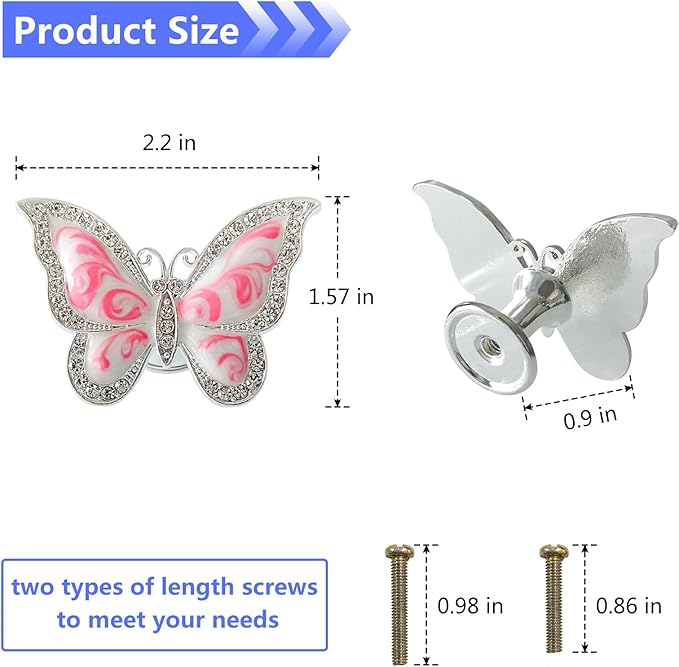 Butterfly Cabinet Knobs,6 Pieces Butterfly Knobs Single Hole Pulls Handles Decorative Door Cabinet Drawer Cupboard Furniture Door Wardrobe (Pink)