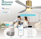 Sofucor 52 Inch Smart Ceiling Fans with Lights-Flush Mount Low Profile Modern Outdoor Solid Wood Ceiling Fans with Alexa/Google Assistant/APP/Remote Control for Bedroom/Farmhouse/Patio, Grey Gold