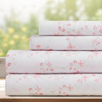 DREAMCARE Queen Size Sheets - Cooling Bed Sheets - 4pcs Set - Queen Sheet Set - Sheets Queen Size Bed - Queen Size Sheet Sets - Soft & Long Lasting 100% Fine Brushed Floral Sheets - Floral Blue