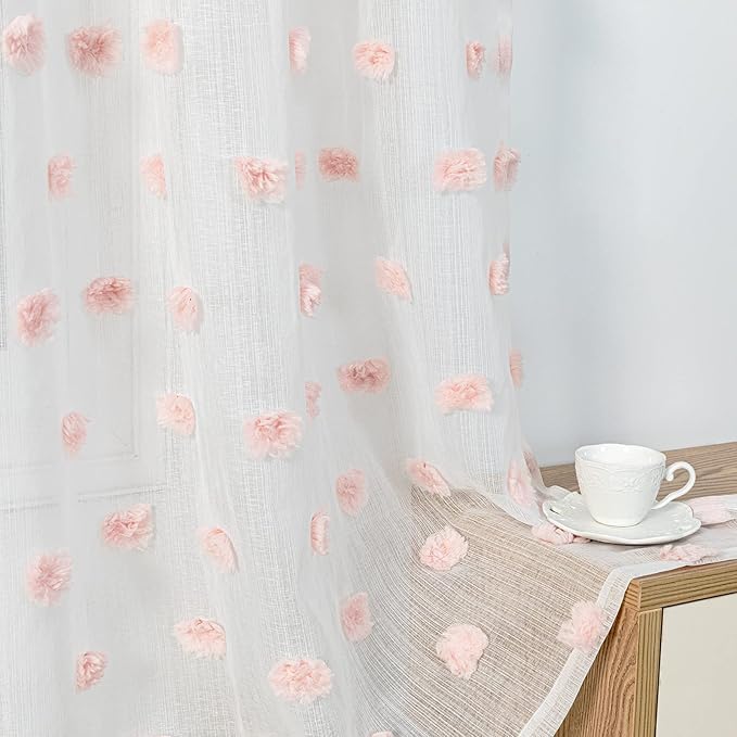 MYSKY HOME Pink Pom Pom Curtains for Living Room Nursery White Sheer Curtains for Girls Bedroom 63 Inch Length Long Window Curtains for Kids Room 2 Pieces Rod Pocket Farmhouse Window Drapes 37" x 63"