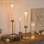 NUPTIO Hurricane Glass Candles Holder: 18 Pcs Gold Taper Candle Stick Holder Bulk - Modern Candlestick Decor with Tall Ribbed Chimney Sleeve for Thanksgiving Christmas Centerpiece