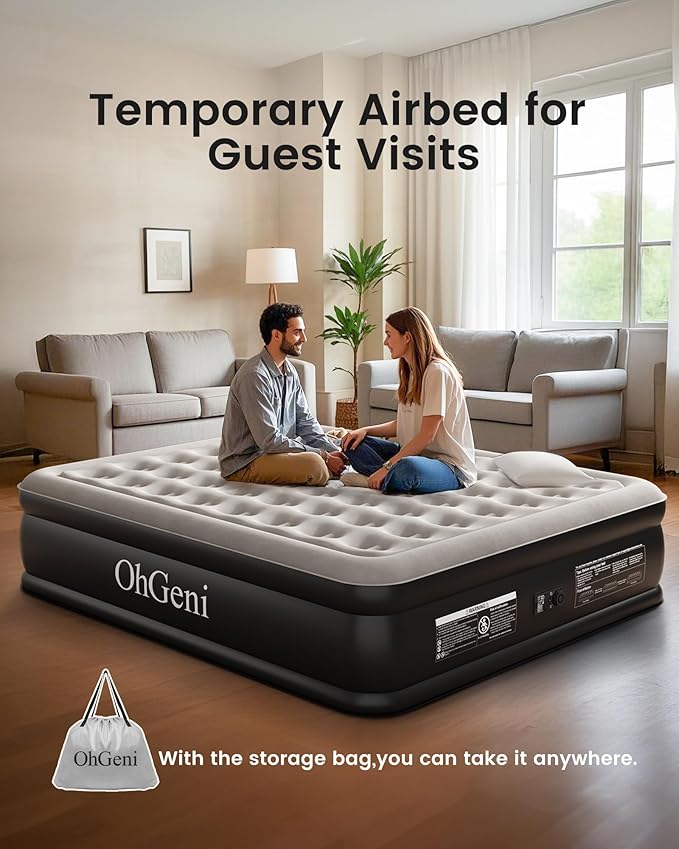 OhGeni Cal King Air Mattress with Built in Pump, 18" Tall Inflatable Blow Up Bed, Luxury Comfort for People(190CM Height), Keep Feet from Dangling, Foldable & Portable Colchon inflables, Black