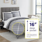 7 Piece Comforter Set Bag Solid Color All Season Soft Down Alternative Blanket & Luxurious Microfiber Bed Sheets, Queen, Gray Plaid