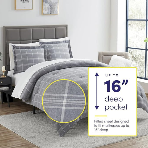 7 Piece Comforter Set Bag Solid Color All Season Soft Down Alternative Blanket & Luxurious Microfiber Bed Sheets, Twin, Gray Plaid