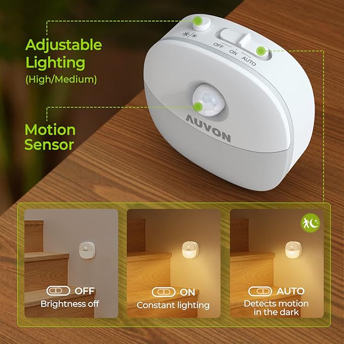 AUVON Rechargeable Battery Night Light, Mini with Motion Sensor, Warm White LED Stick-On Closet Light with Dusk to Dawn Sensor, Adjustable Brightness for Wall, Stairs, Hallway, Cabinet (2 Pack)