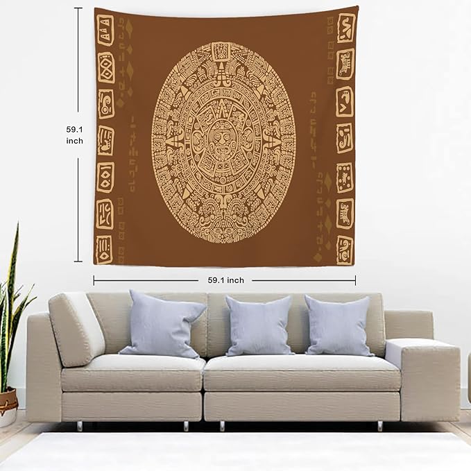 Batmerry Brown Ancient Mayan Tapestry, Calendar Wall Art Hanging Decoration Polyester Fiber White Ruffled Around for Dorm Room Bedroom Living Room, 59.1x59.1 inches