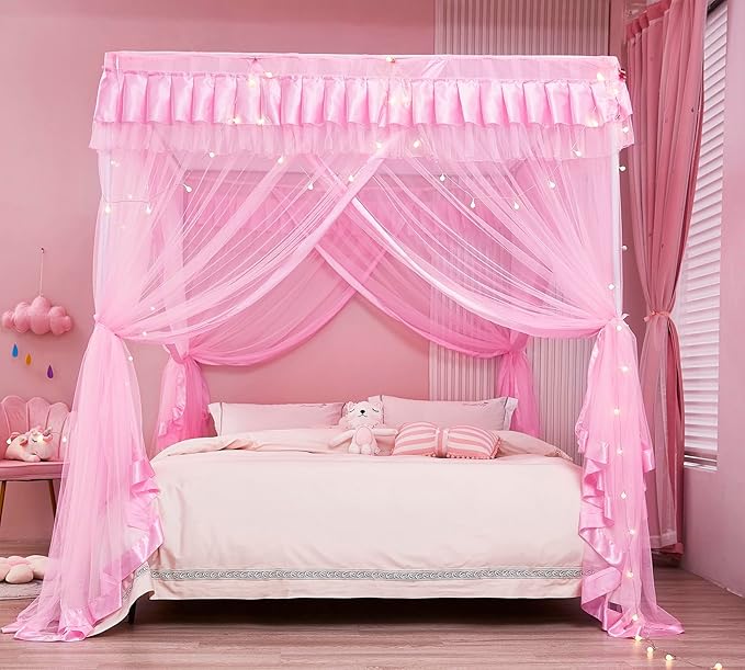 Mengersi Bed Canopy for Girls,Canopy Bed Curtains Canopy for Bed Drapes,Princess Bed Curtains Birthday Present Girls Room Decor,Pink