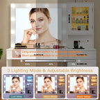 Quimoo Vanity Desk, Makeup Vanity with Lights, Large Mirror Vanity with 3 Drawers and 2 Cabinets, Vanity Table Set with Power Outlet and Glass Tabletop, for Bedroom, White