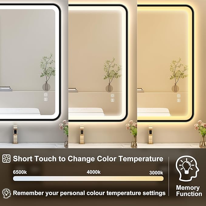 S'bagno 40X28 Black LED Mirror for Bathroom with Frontlit & Backlit, LED Bathroom Mirror with Metal Frame, Anti-Fog, Stepless Dimmable, 3 Colors Temperature LED Vanity Mirror(Horizontal/Vertical)