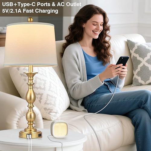 28" Tall Modern Table Lamps Set of 2 with USB A+C Ports and AC Outlet, 3 Way Touch Metal Bedside Lamps for Bedroom, Gold Farmhouse Nightstand Lamps for Living Room