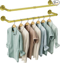 OROPY Industrial Pipe Clothes Rack Wall Mounted Set of 2, 38.4 inches Heavy Duty Iron Pipe Clothing Garment Rail, Multi-Purpose Clothing Hanging Rod for Laundry Room and Closet Storage, Gold