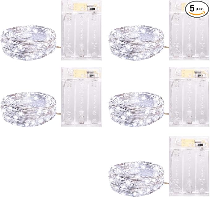 5 Pack Fairy Lights Battery Operated, 7 Feet 20 Led String Lights with Timer, Waterproof Firefly Lights on Silver Wire for Home Party Wedding Christmas Decorations, 6 Hours on/18 Hours Off, Pure White