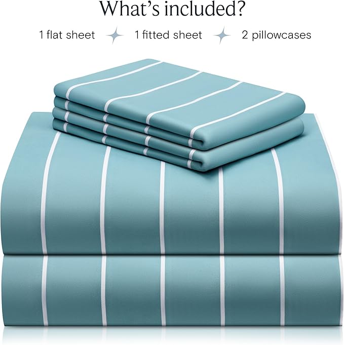 LuxClub 4 PC Full Size Sheet Set Bed Sheets, Breathable Luxury Deep Pockets Wrinkle Free Cooling Sheets Machine Washable Hotel Bedding (Full, Striped Light Blue)