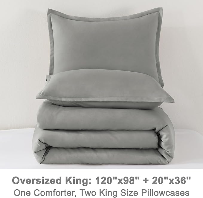 Litanika Comforters Medium Gray Oversized King Size, 3 Pieces Lightweight Solid Bedding Set & Collections, All Season Fluffy Bed Set (120x98In Comforter & 2 Pillowcases)