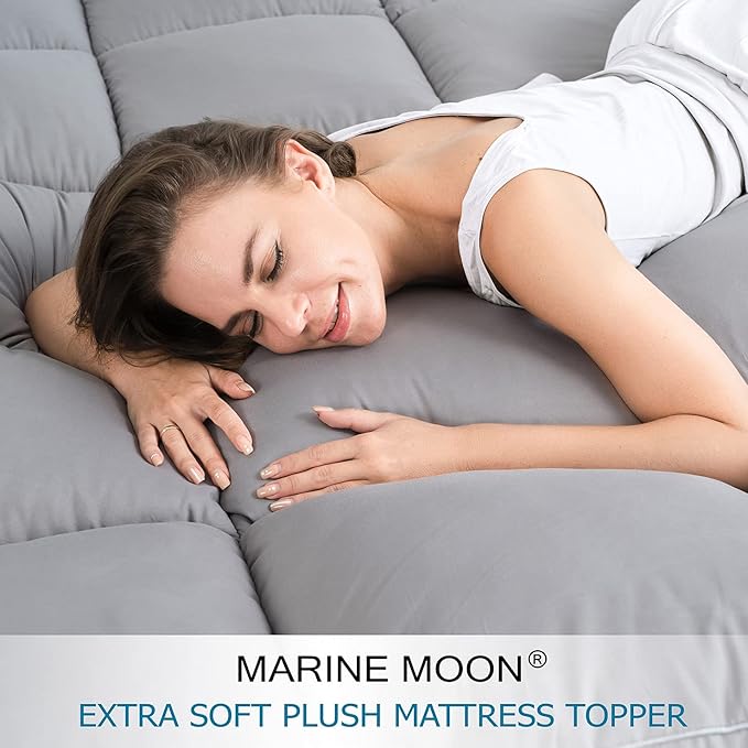 Cooling Mattress Pad Extra Thick Bed Topper Plush Pillow Top Hotel Quality Down Alternative Mattress Topper for Queen Bed, Queen Size, Grey