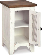 Signature Design by Ashley Wystfield Farmhouse Chair Side End Table with Cabinet Door for Storage, White & Brown with Distressed Finish
