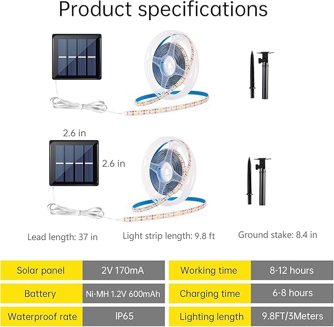 Solar LED Light Strip Outdoor Tape Rope Lights Waterproof 10ft Garden Path Decorative Lighting with 8 Modes for Outside, Wrap, Party, Stair, Step, Gazebo, Yard, Wedding, Christmas, 2 Pack