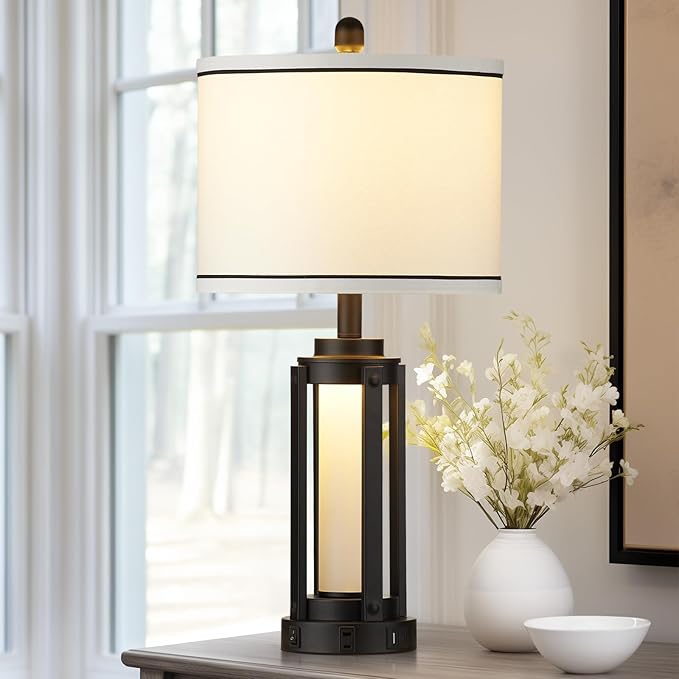 26" Modern Table Lamp with USB A+C Charging Ports & AC Outlet, Industrial Beside Contemporary Lamp Glass LED Night Light for Living Room Bedroom Nightstand End Table Single Black(2 Bulbs Included)