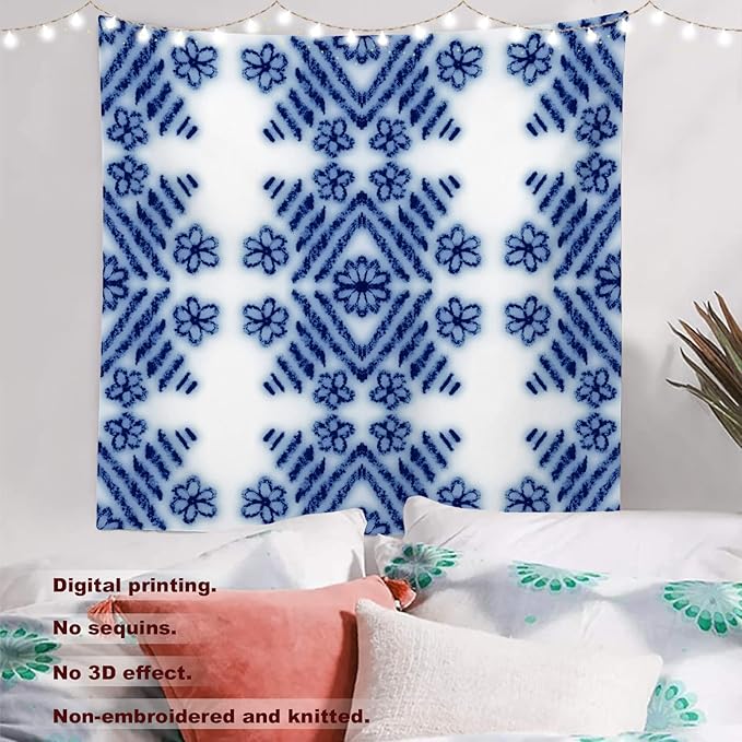 Batmerry Blue Art Flower Tapestry,Blue White Ceramic Glaze Tie Dye Wall Art Hanging Decoration Polyester Fiber White Ruffled Around for Dorm Room Bedroom Living Room, 59.1x59.1 inches
