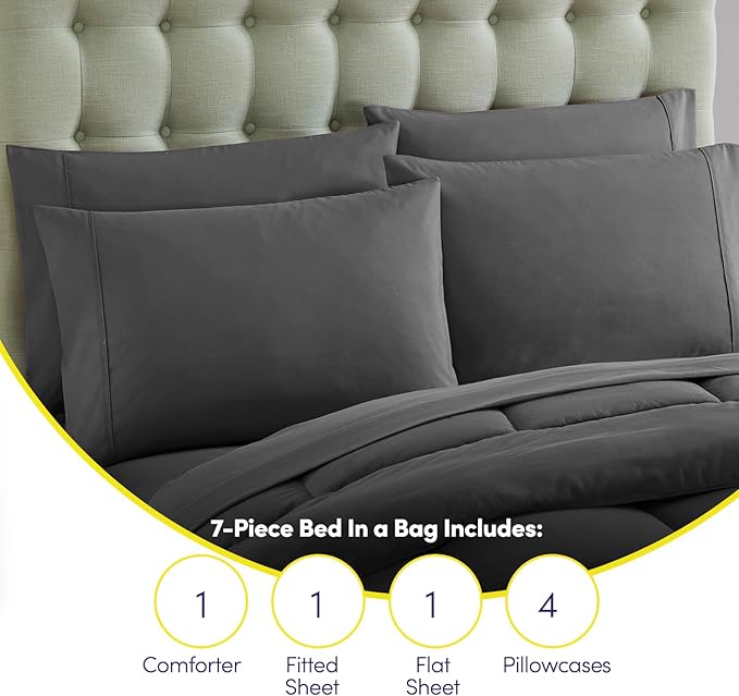 Full Size Comforter Set with Sheets - 7-Piece Bedding Collection - 1 Comforter, 1 Fitted Sheet, 1 Flat, 4 Pillowcases - Deep Pocket - Soft & Breathable Premium Quality - Ideal for All Seasons, Gray