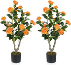 GOFLAME 3FT Artificial Camellia Tree, 2 Pack Faux Camellia Plant with Orange Flowers, Solid Wood Trunk, Realistic Moss, Greenery Potted Decoration Tree for Indoor Outdoor Home Porch Front Door