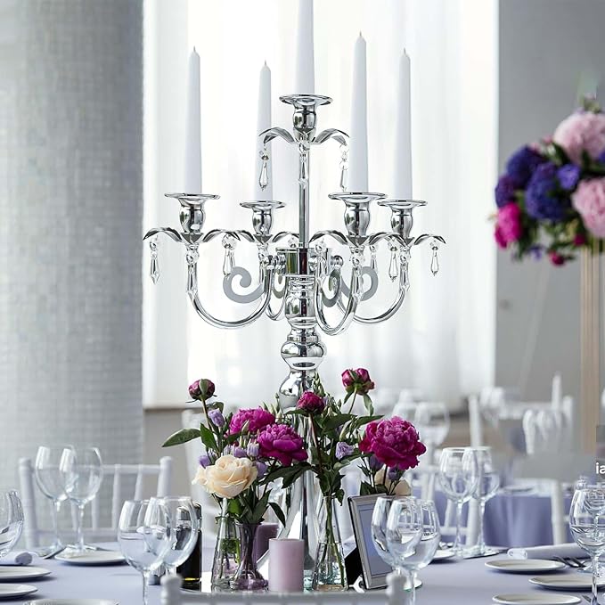 20.3'' Tall 5 Arm Silver Metal Candelabra Centerpiece for Table, Retro Table Centerpieces for Party, Events, Home, Wedding Decor (4)