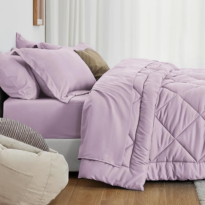 Love's cabin Queen Comforter Set Light Purple, 7 Pieces Queen Bed in a Bag, All Season Bedding Sets with 1 Comforter, 1 Flat Sheet, 1 Fitted Sheet, 2 Pillowcase and 2 Pillow Sham