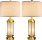 Set of 2 Modern Table Lamps for Living Room, Farmhouse Vintage Bedside Lamp with 2 USB Ports Glass Nightlight, Gold Nightstand Desk Lamps for Entryway Bedroom Dresser, 4 Bulbs Included