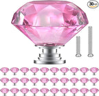 POZEAN Crystal Drawer Knobs 30 Pack, 1.57 inch Glass Knobs for Cabinet, Dresser with Two Different Sizes Screws, Diamond Pulls Handles (40mm, 30Pack, Pink-Silver)