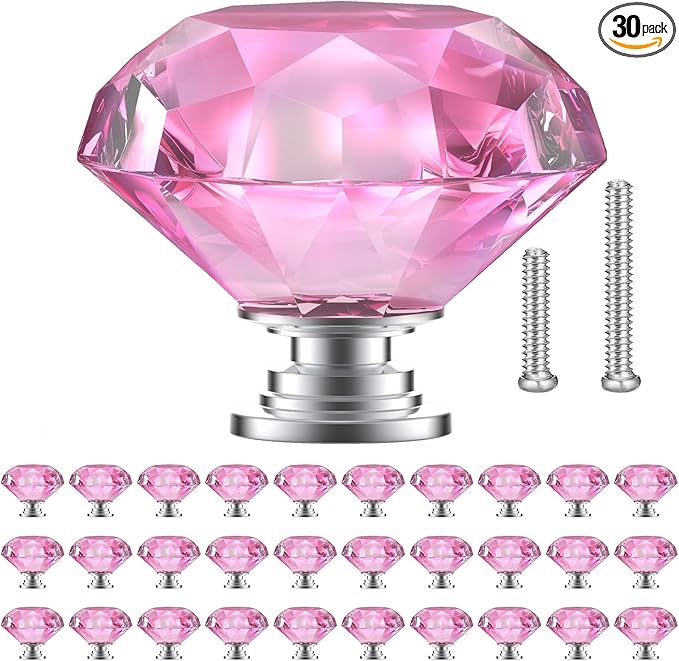 POZEAN Crystal Drawer Knobs 30 Pack, 1.57 inch Glass Knobs for Cabinet, Dresser with Two Different Sizes Screws, Diamond Pulls Handles (40mm, 30Pack, Pink-Silver)