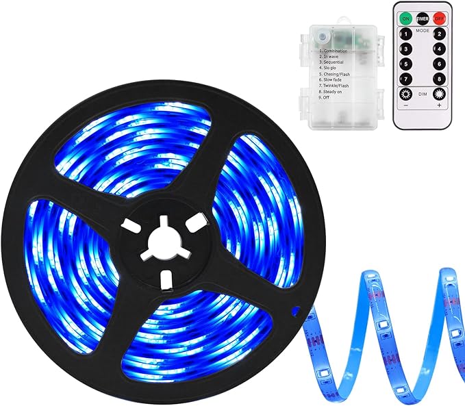 echosari Blue Led Strip Lights Waterproof Battery Operated with Remote, 8 Modes, Dimmable, Timer, Self-Adhesive, Cuttable, 3M 90Led Battery Strip Led Light for Indoor Outdoor Decor
