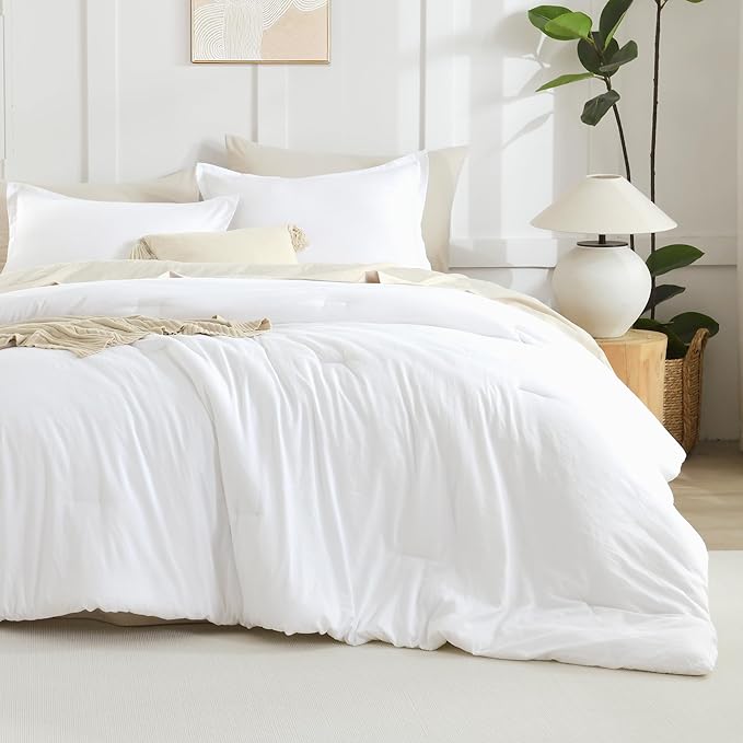 Litanika White Comforter Full Size Set, 3 Pieces Lightweight Solid Bedding Comforter Set, All Season Fluffy Bed Set