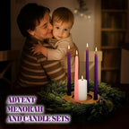 Mumufy 6 Pcs Advent Candle Holder Set Nativity Christmas Centerpiece Religious Decorations Rustic Wooden Advent Candlestick Holders with Purple Pink Taper Candles for Thanksgiving Christmas Nativity