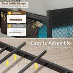 Queen Size Bed Frame with Charging Station and LED Lights, Metal Bed Frame with Headboard, Black Upholstered Headboard with 2-Tier Storage Shelves, Noise Free, No Box Spring Needed
