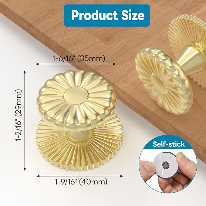 Self Adhesive Drawer Knobs, 4 Pack Self Stick Door Pull Handles, Zinc Alloy No Drilling Cabinet Knobs for Drawer, Closet, Window, Dresser, Sliding Barn/Glass Shower/Balcony Door (4, Gold)