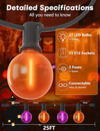 SUNSGNE 25ft Halloween String Lights Outdoor - G40 LED Orange and Purple String Lights with 27 Frosted Globe Bulbs(2 Spare), Vintage Halloween Decorations for Patio Balcony Porch Yard