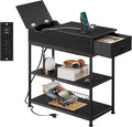 WLIVE Narrow Side Table with 2 USB Ports and 2 Outlets, Flip Top End Table with Drawer and Storage Shelves, Small Nightstand with Charging Station for Living Room/Bedroom, Black