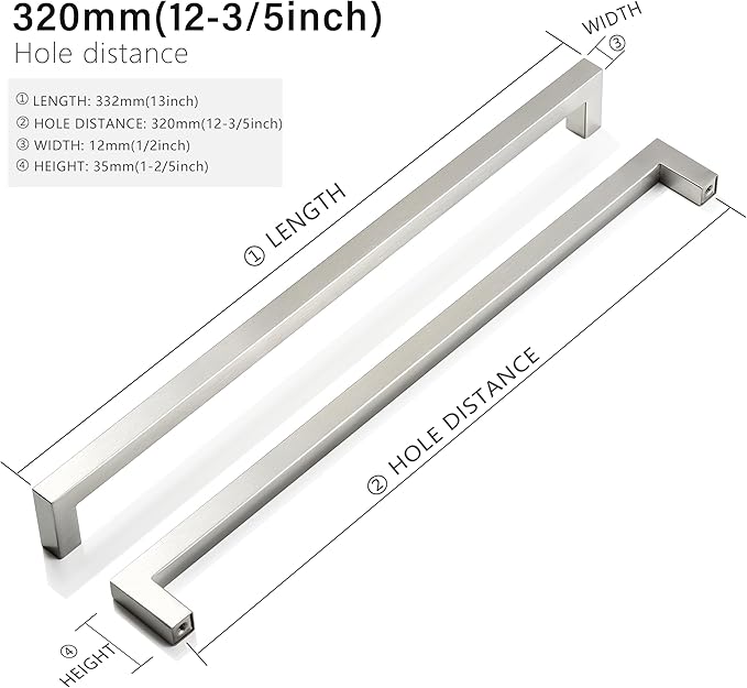 Cabinet Pulls Brushed Nickel Cabinet Handles Square Drawer Pulls, 2 Pack 12-3/5 Inch Stainless Steel Kitchen Door Cupboard Cabinet Handles, Cabinet Hardware Drawer Handles, 320mm Hole Centers