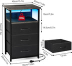 Fixwal Night Stand with Charging Station, LED Nightstand with U-S-B Ports and Outlets, 3 Fabric Storage Drawers with PU Finish, Bed Side Table, Charcoal Gray