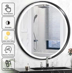 24 Inch Round Bathroom Mirror with Lights, Black Metal Framed Frontlit Circle Mirrors for Wall, Led Light Mirror with Anti-Fog, Memory Function, 3 Color Temperature, Dimmable Makeup Mirror