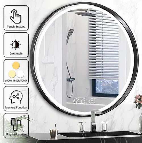 32 Inch Round Led Mirror, Bathroom Mirror with Lights, Black Metal Framed Frontlit Circle Mirrors for Wall with Anti-Fog, Memory Function, 3 Color Temperature, Dimmable Makeup Mirror
