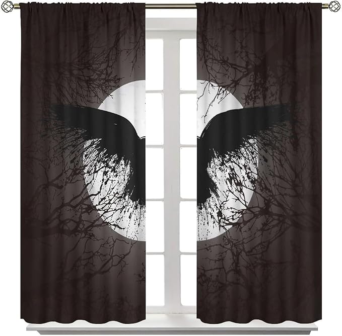 Cool Raven Print Curtains,Vintage Nordic Viking Theme Dead Tree Crow Full Moon Window Drapes Thermal Insulated Rod Pocket Blackout Drapes for Bedroom 2 Panels 63L x 36W