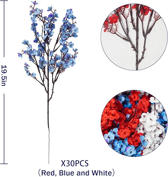 Uieke 30 Pcs 4th of July Artificial Flowers Fake Patriotic Babys Breath Flowers for Independence Day Decor Blue White Red Silk Flowers for Memorial Day Floral Arrangement Home Wedding