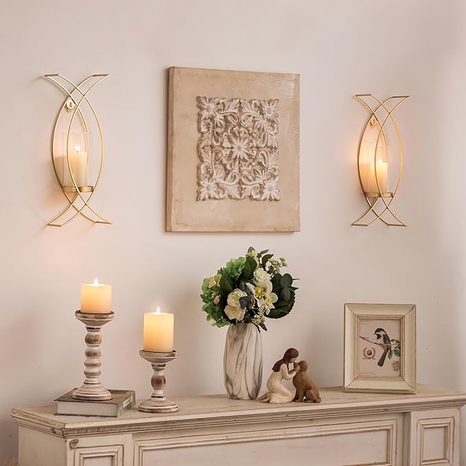 Sconces Wall Decor Set of 2 Hurricane Candle Holder - Modern Decorative Candle Wall Sconce Golden Metal Wall Mount Gold Decorations for Living Room Bedroom Bathroom Hallway Outdoor