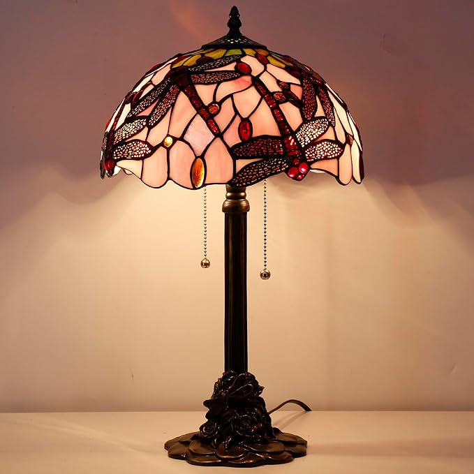 Tiffany Stained Glass Table Lamp 12X12X21Inch Resin Base Desk Bedroom Living Room Reading Light (Pink Dragonfly)