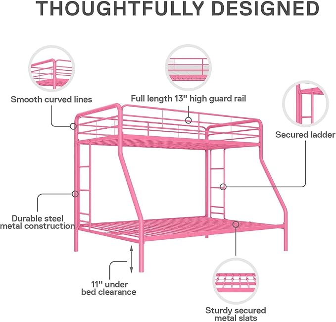 DHP Dusty Metal Bunk Bed Frame, Twin-Over-Full for Kids, Teens, Adults, Angled Ladder, Guardrail, No Boxspring, Small Spaces, Pink